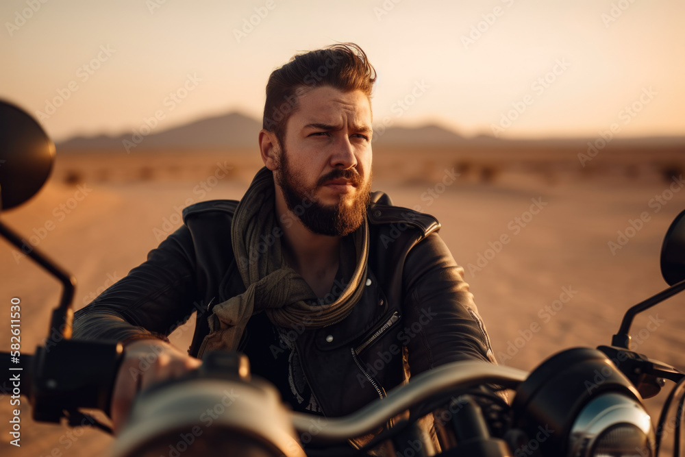 Portrait of a bearded man in a leather vest sitting on a motorcycle in a desert landscape, generative ai