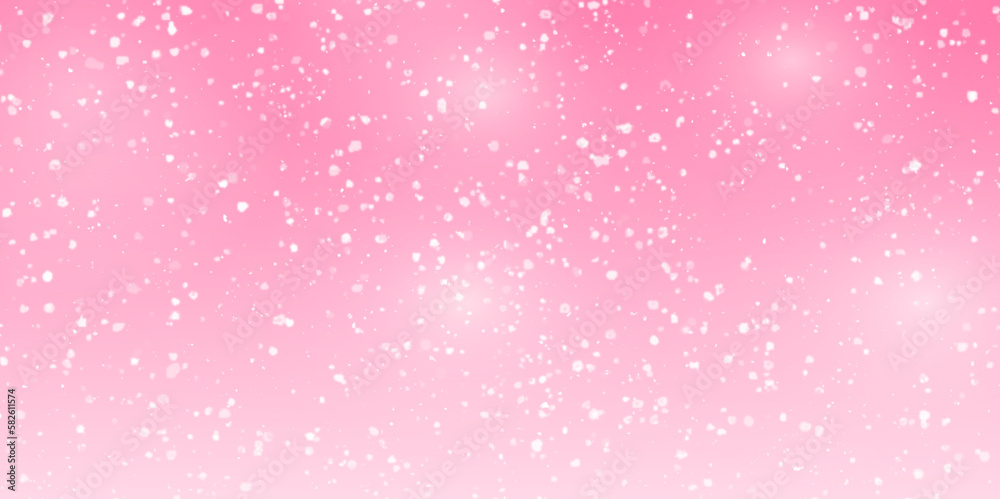 Vector falling snow overlay. Realistic shining white snowfall isolated on pink background.