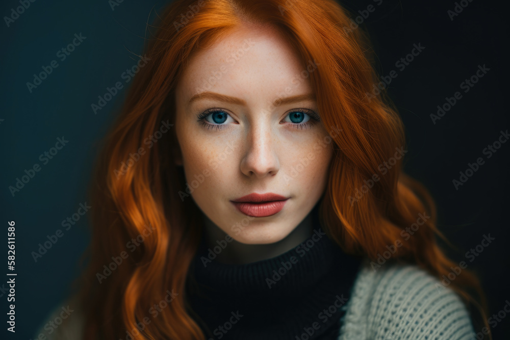 Portrait of a beautiful redhead writer holding a book and looking at the camera with a contemplative expression, generative ai Portrait of a beautiful redhead writer holding a book and looking at the camera with a contemplative expression, generative ai