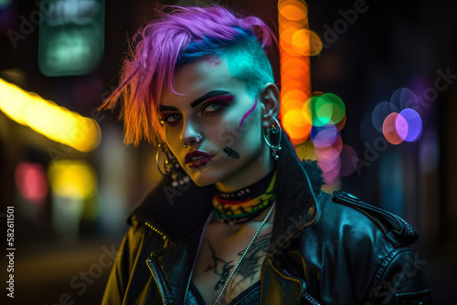 Neon-lit rebel with a punk rock attitude and bold makeup, set against a gritty and urban cyberpunk cityscape, generative ai