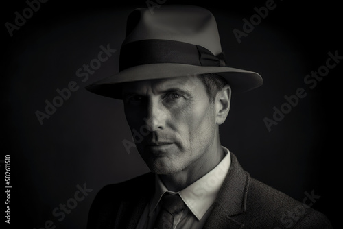 Old Hollywood Glamour Portrait of a Man with a Fedora, generative ai