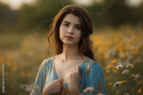 Portrait of a beautiful woman with a nose piercing, wearing a flowy dress and standing in a field of wildflowers, generative ai