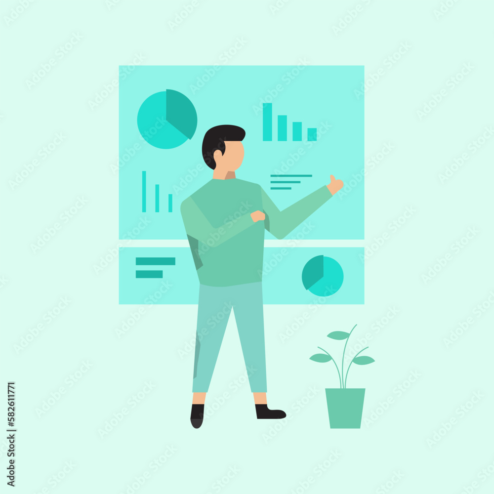 online business marketing illustration, with a scene of a man pointing at a chart. premium vector style business activities