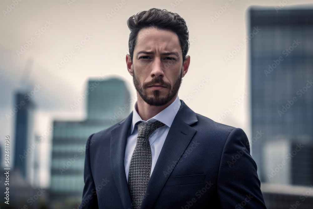 Portrait of a serious businessman in a suit with a modern city skyline in the background, generative ai Portrait of a serious businessman in a suit with a modern city skyline in the background, generative ai