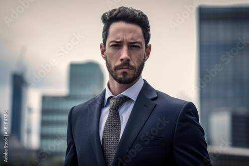 Portrait of a serious businessman in a suit with a modern city skyline in the background, generative ai
