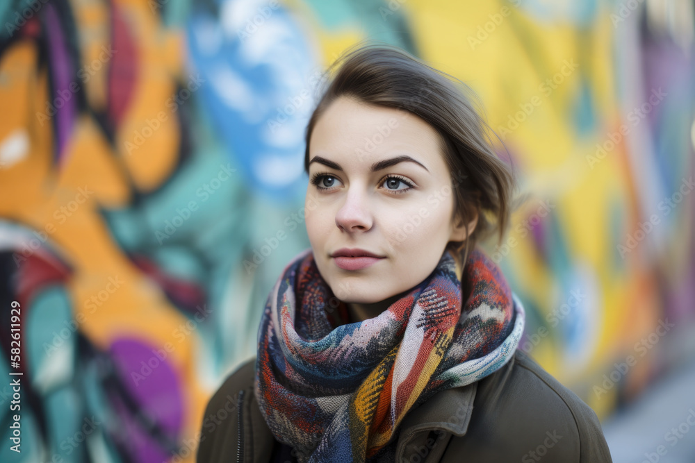 Fototapeta premium Portrait of a young woman with a nose piercing, wearing a colorful scarf and standing in front of a street art mural, generative ai