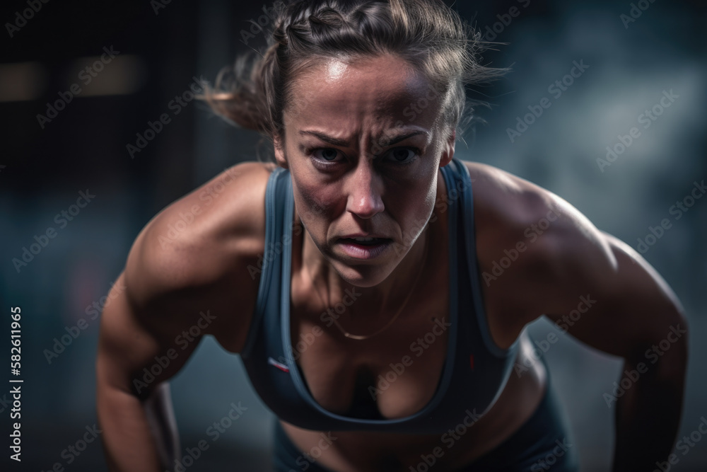 Powerful portrait of a female athlete in action, showing strength and determination, generative ai Powerful portrait of a female athlete in action, showing strength and determination, generative ai