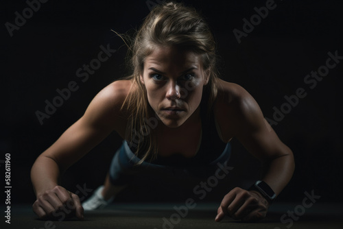 Powerful portrait of a female athlete in action, showing strength and determination, generative ai