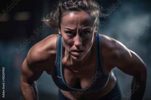 Powerful portrait of a female athlete in action, showing strength and determination, generative ai © aicandy