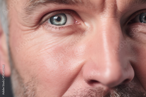 Radiant close-up of a man's gray eyes with soft gray eyebrows and a warm pink glow on his cheeks, generative ai