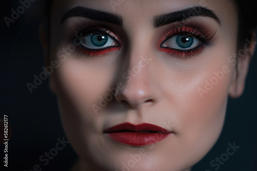 Radiant close-up of a woman s gray eyes with bold brows and  lipstick  generative ai