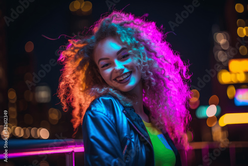 Radiant neon queen with a beaming smile and flowing hair, set against a bright and colorful cityscape at night, generative ai