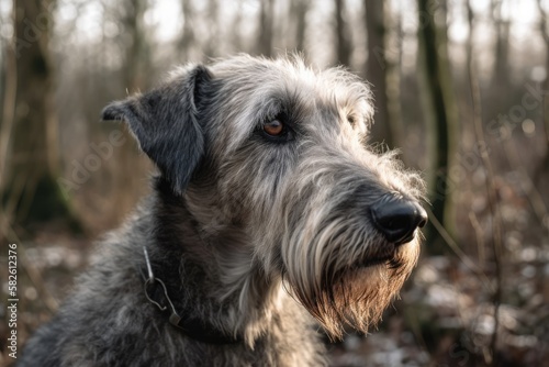 Irish wolfhound canine in the winter woodland. Generative AI