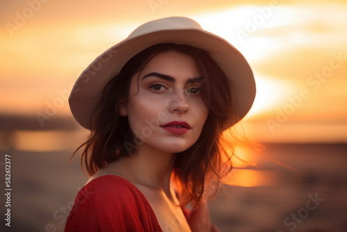 Radiant Woman with luscious red lips and a confident gaze posing on a sandy beach at sunset, generative ai