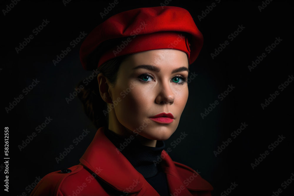 Red Beret and Trench Coat Bold and Confident Woman Portrait, generative ai Red Beret and Trench Coat Bold and Confident Woman Portrait, generative ai