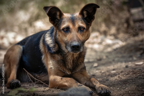 Street dog on the ground. Generative AI