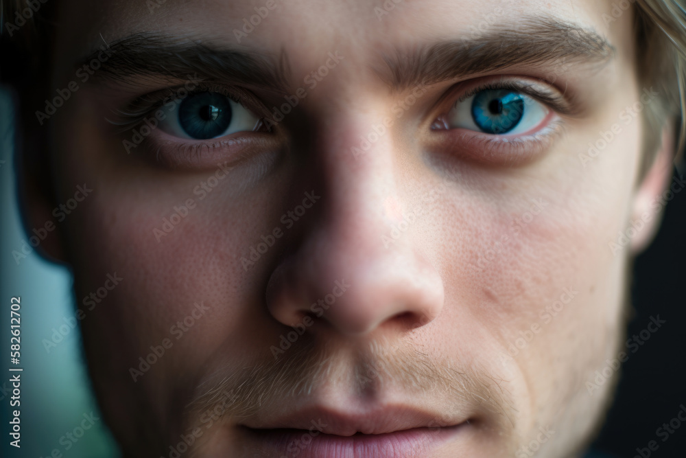 Serene close-up of a man's blue eyes with soft blue eyelashes and a hint of pink on his cheeks, generative ai Serene close-up of a man's blue eyes with soft blue eyelashes and a hint of pink on his cheeks, generative ai