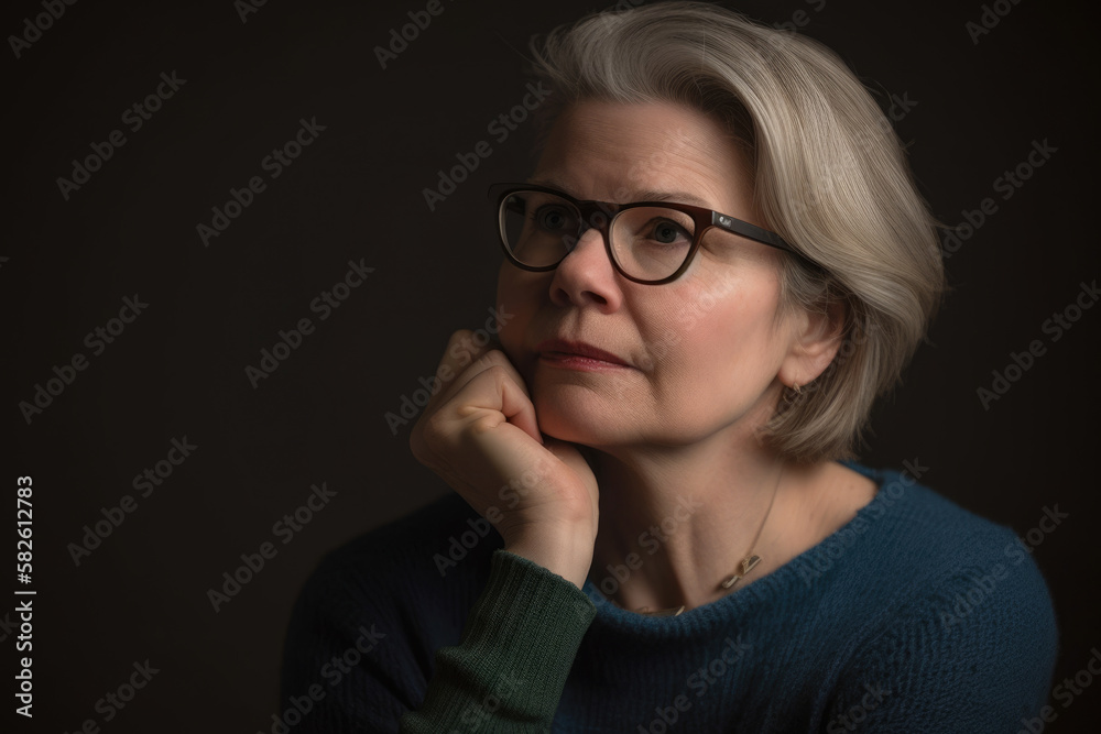 Serious and introspective portrait of a woman with glasses, deep in thought and pondering on a complex subject, generative ai Serious and introspective portrait of a woman with glasses, deep in thought and pondering on a complex subject, generative ai