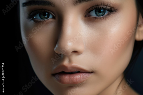 Serene close-up of a woman's black eyes with subtle black eye shadow and soft lips, generative ai