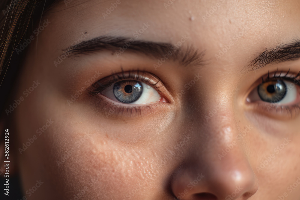 Soft and gentle close-up of a woman's hazel eyes with subtle mascara and rosy cheeks, generative ai Soft and gentle close-up of a woman's hazel eyes with subtle mascara and rosy cheeks, generative ai