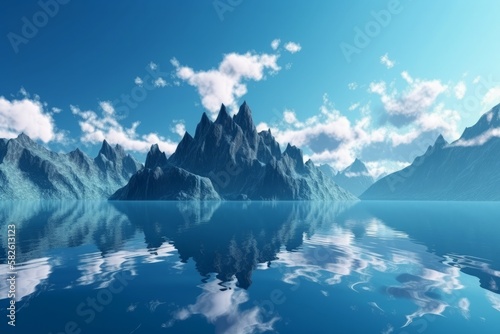 Mystical fantasy panorama: mountain reflections on water create a captivating zen backdrop for spiritual rejuvenation. Generative AI. © Kishore Newton