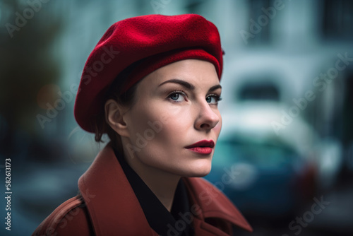 The Red Beret and Trench Coat Striking Portrait of a Woman with Strong Personality, generative ai