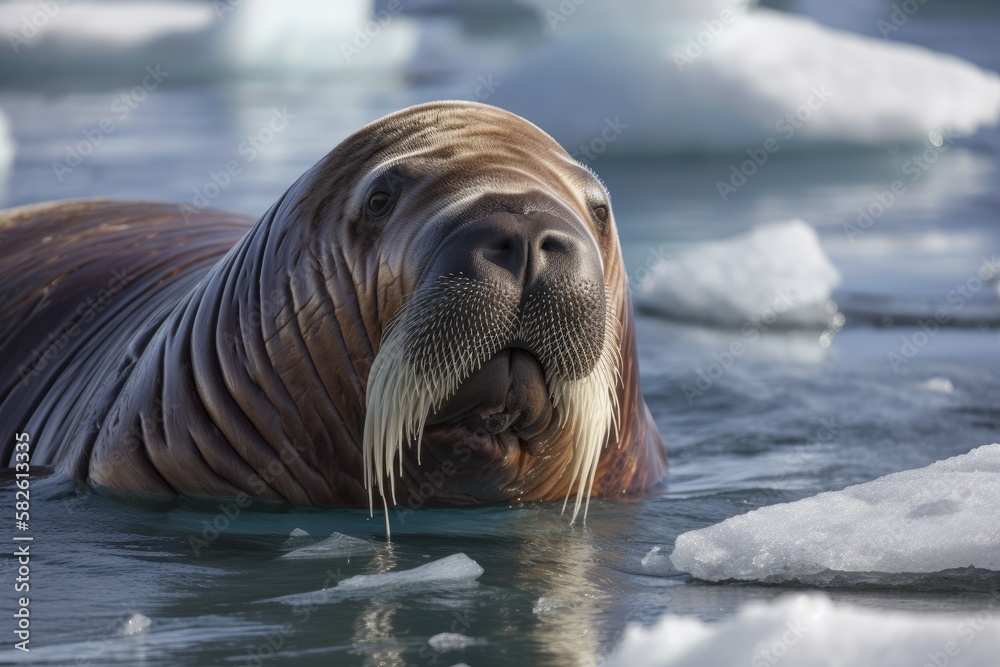 Naklejka premium Canada's walrus displaying its tusks on an ice floe. Generative AI