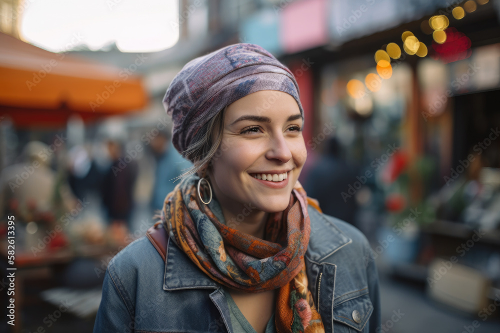 Woman with a Colorful Headscarf and Denim Jacket Strolling through a Vibrant Street Market, generative ai Woman with a Colorful Headscarf and Denim Jacket Strolling through a Vibrant Street Market, generative ai