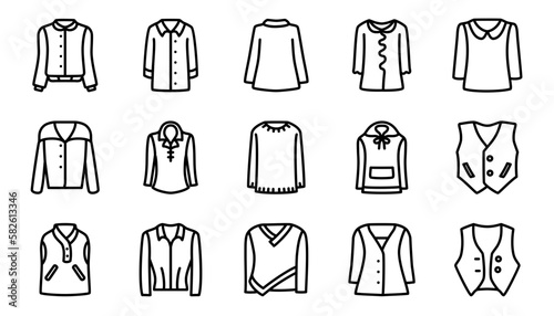 Clothes icon set. Blouse, sweater and turtleneck.