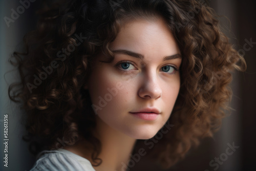 Young and Innocent Woman with Soft Curls and Innocent Eyes, generative ai