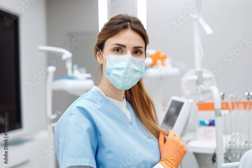 Young and Energetic Female Dentist with Protective Gear and Medical Equipment in Clinic, generative ai