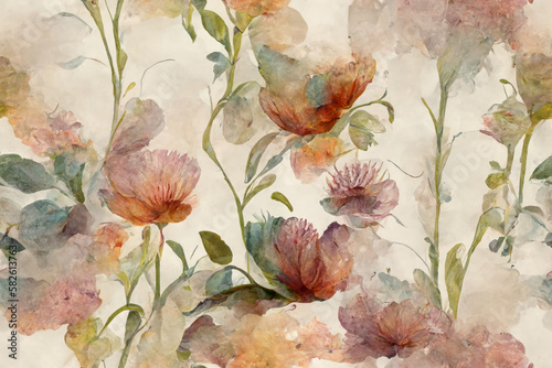 Digital floral backdrop texture pattern painted in watercolor, seamless background, continuous wallpaper, generative ai