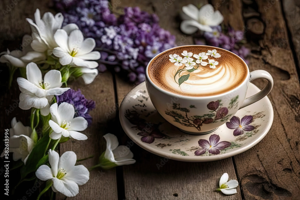Beautiful Cappuccino on a Wooden Table with Spring Flowers, generative AI