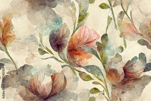 Digital floral backdrop texture pattern painted in watercolor, seamless background, continuous wallpaper, generative ai