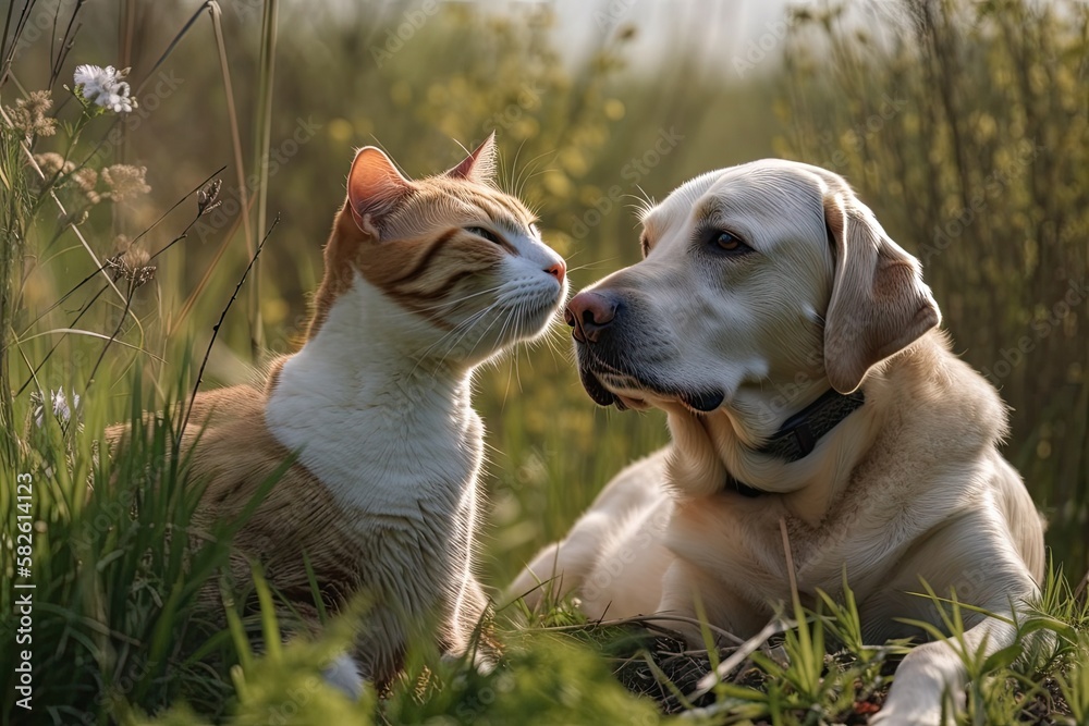 Dogs and cats get along well. embracing in the grass. Generative AI
