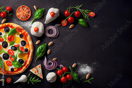 Italian pizza and pizza cooking ingredients on black concrete background. Generative Ai