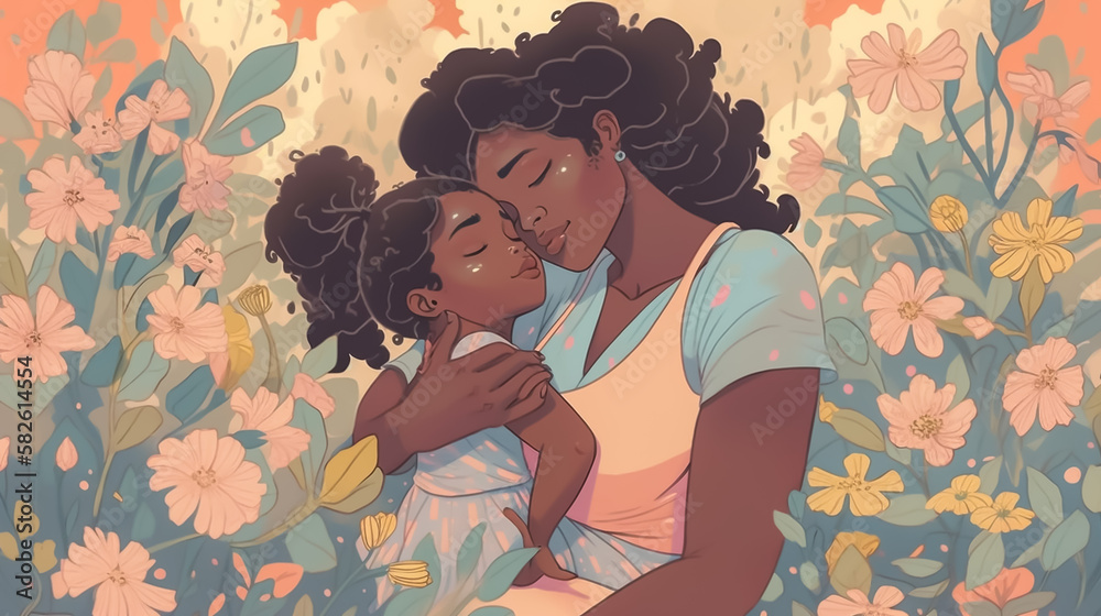 A heartwarming scene of a black mother and child sharing a tender warm embrace surrounded by pastel-colored flowers, symbolizing love and appreciation.