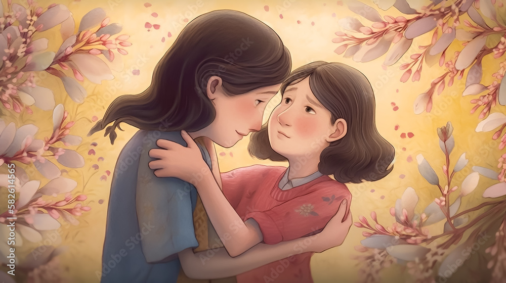 A heartwarming scene of a mother and child sharing a tender, almost tender embrace surrounded by pastel-colored flowers, symbolizing love and appreciation. A heartwarming scene of a mother and child sharing a tender, almost tender embrace surrounded by pastel-colored flowers, symbolizing love and appreciation.