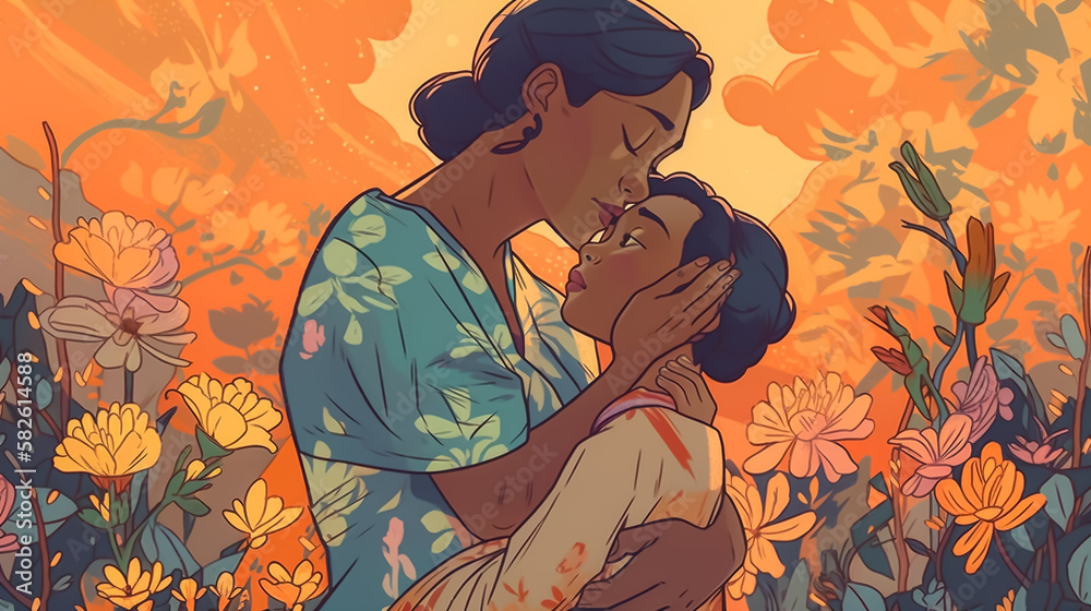 Sunset scene of a mother kissing her child's forehead with yellow pastel-colored flowers, symbolizes love and appreciation. Sunset scene of a mother kissing her child's forehead with yellow pastel-colored flowers, symbolizes love and appreciation.