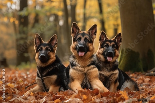 Three German shepherd pups are seated on the autumnal leaves. Generative AI