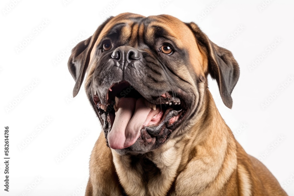 isolated bullmastiff yawning on white background. Generative AI isolated bullmastiff yawning on white background. Generative AI