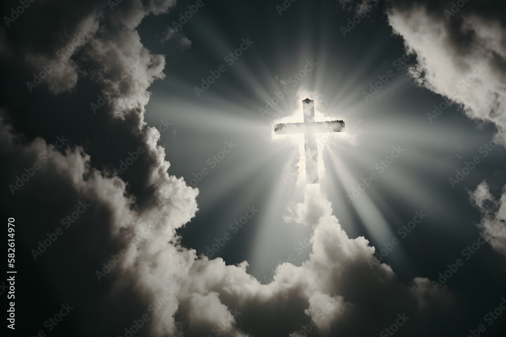 The cross glows in the heavenly sky, illuminated by rays of sunshine The cross glows in the heavenly sky, illuminated by rays of sunshine