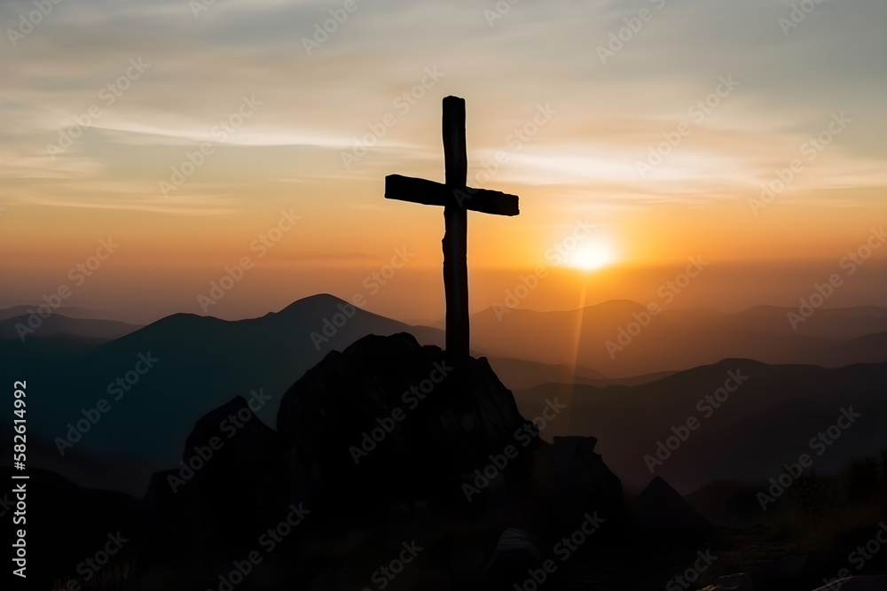 The mountaintop bears witness to the Cross of Jesus, illuminated by the warm hues of a Biblical Christian sunset The mountaintop bears witness to the Cross of Jesus, illuminated by the warm hues of a Biblical Christian sunset