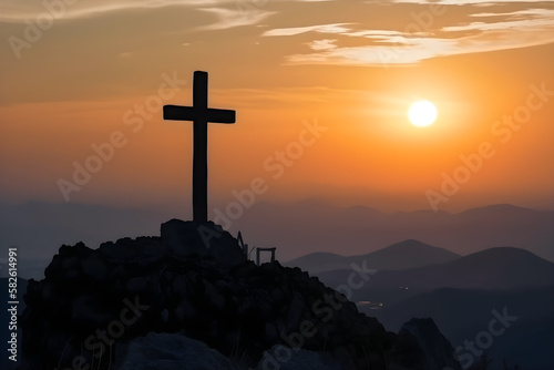 Atop the mountaintop stands Jesus' Cross, illuminated by a sunset flare in the realm of Biblical Christianity.