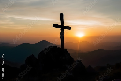 The mountaintop bears witness to the Cross of Jesus, illuminated by the warm hues of a Biblical Christian sunset