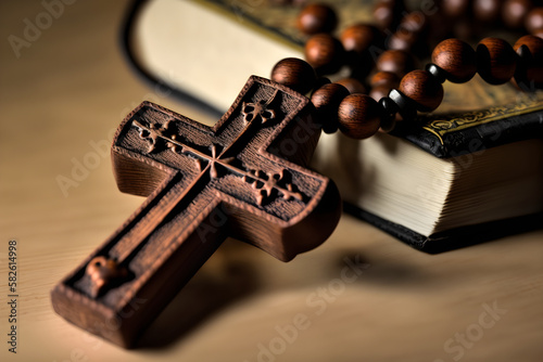 intricate details of a wooden rosary through macro photography, capturing the essence of divinity in Christianity