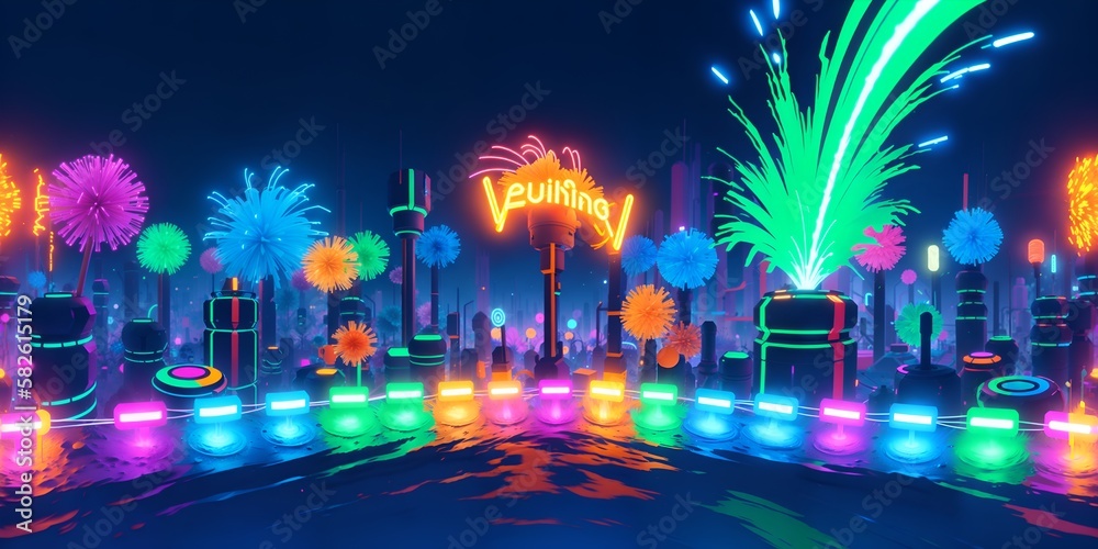 A colorful display of fireworks and neon lights. 3d illustration. ai generative technology vr ready, virtualrealityart.