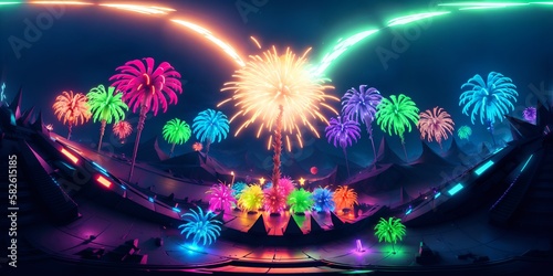 A colorful fireworks display in the night sky. 3d illustration. ai generative technology vr ready, virtualrealityart.