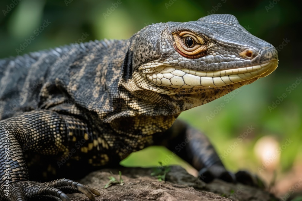 Asian water monitor up close, forked tongue tasting the air. Generative AI Asian water monitor up close, forked tongue tasting the air. Generative AI