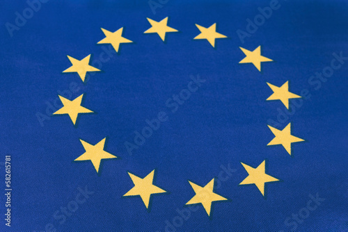 International community symbol of EU background. European union official textile blue flag with star.